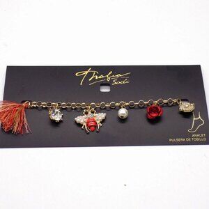 Thalia Sodi Anklet Faux Pearl Bee Red Flower Gold-tone Crystals 9" +1.5" ext.